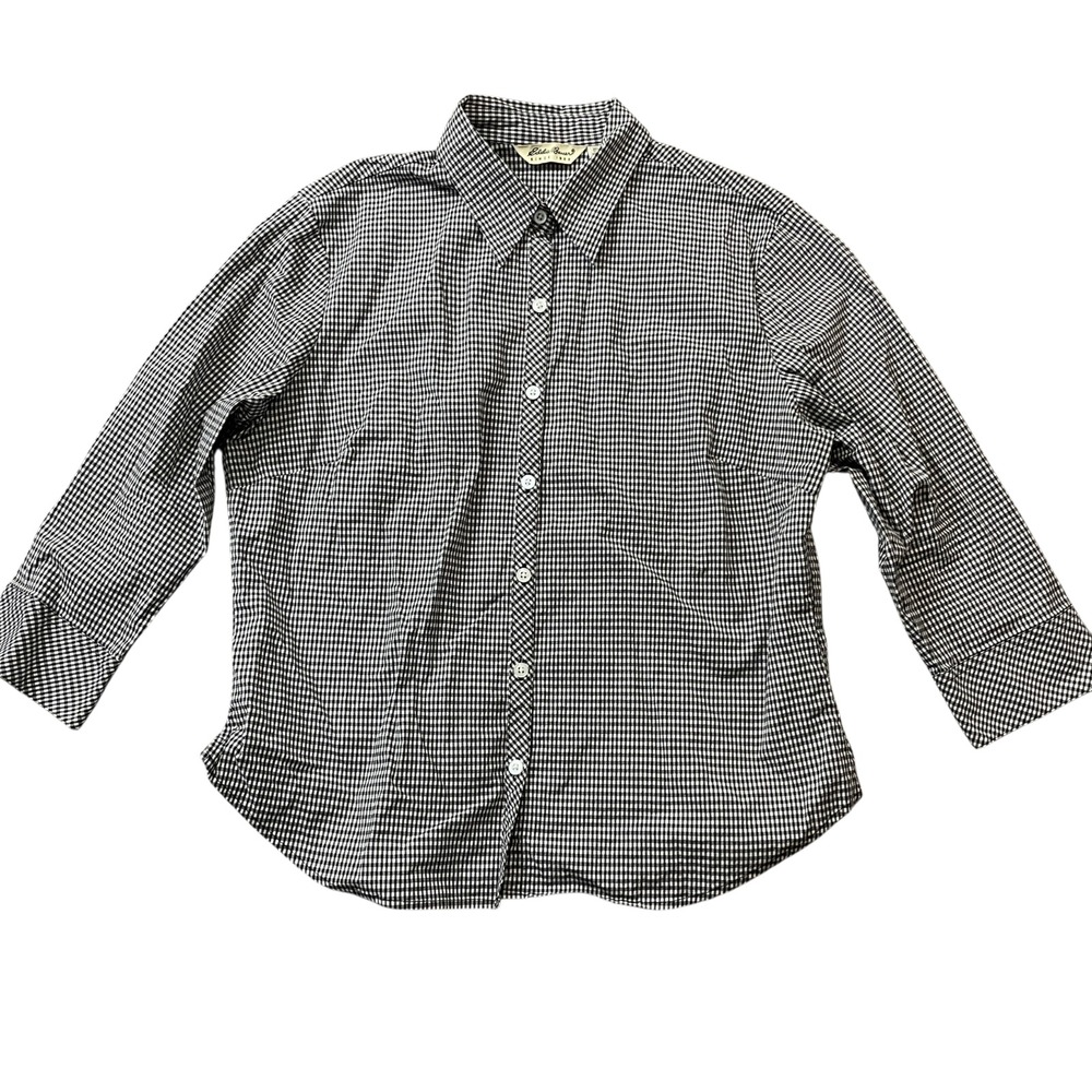Eddie Bauer Checked Blouse Large Cotton Blend Button Up 3/4 Sleeve